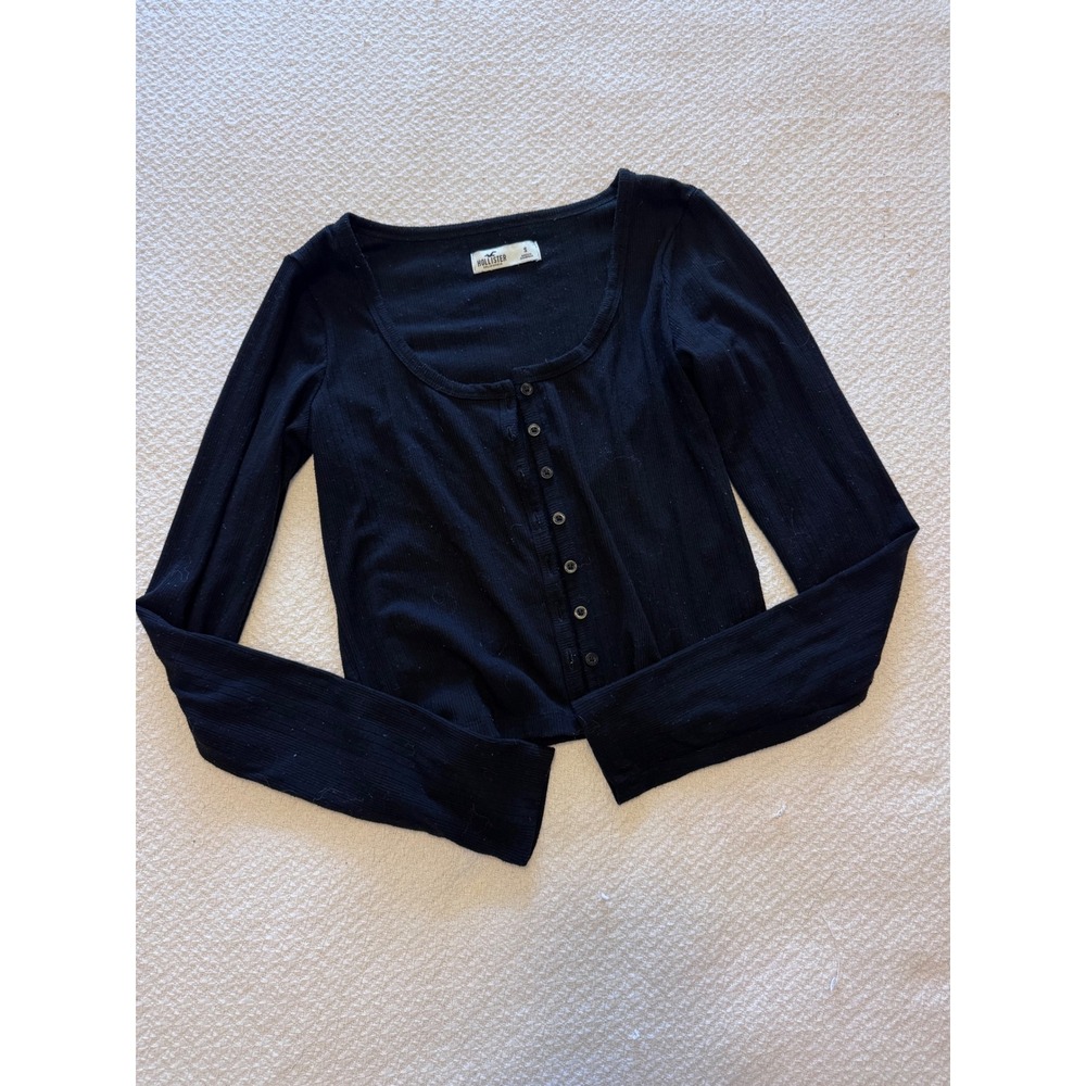 Hollister Black Ribbed Long Sleeve Button Front Cropped Top Small